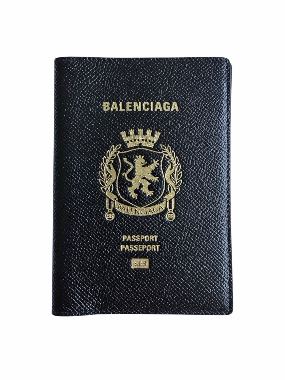 Balenciaga Black Leather Crest Passport Holder Cover Gold Logo w/ Dust Bag NWOT